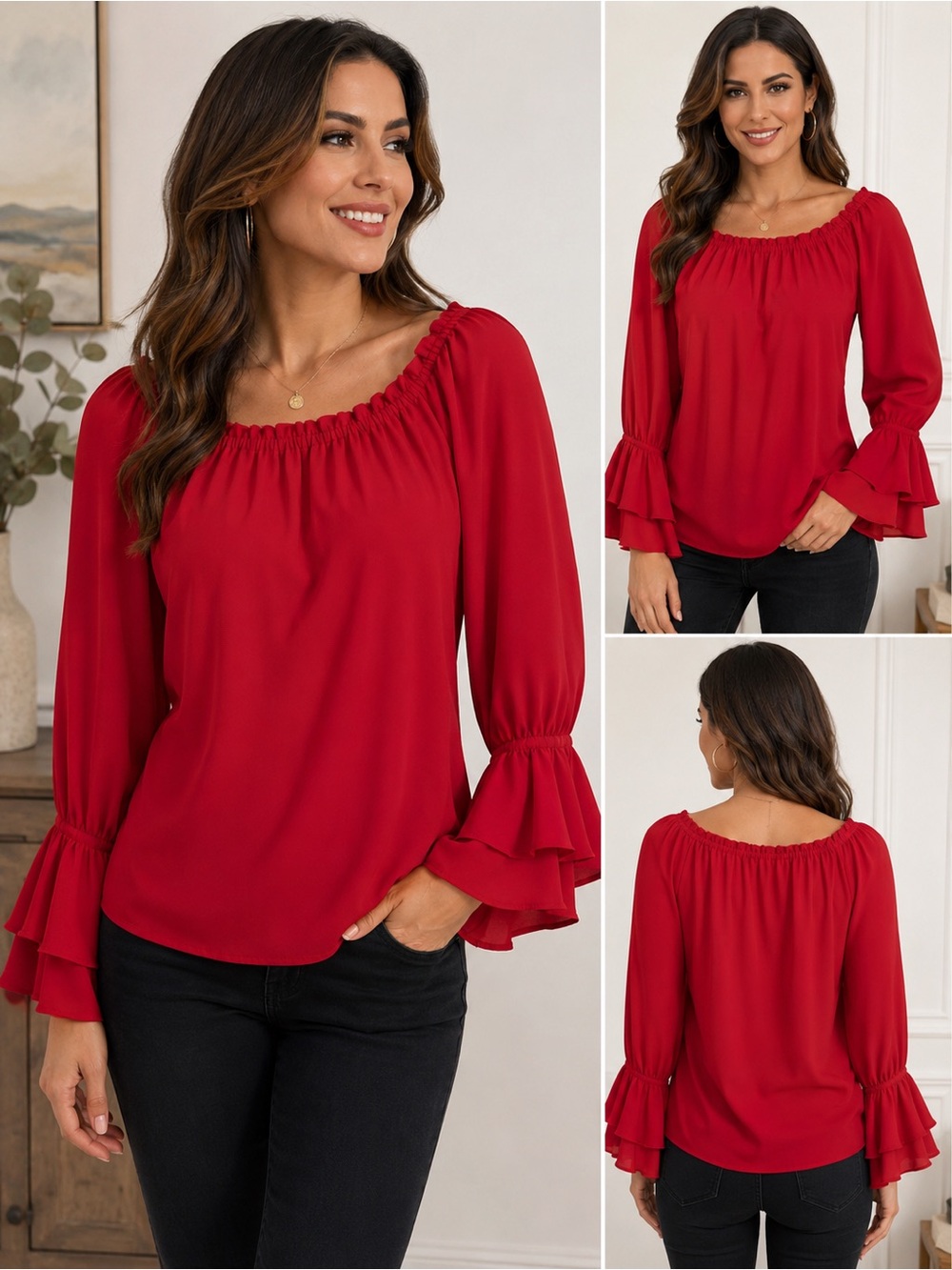 Riley & Rae Blouse Size XS Red Ruffle Bell Sleeve Peasant Top Elastic Neckline